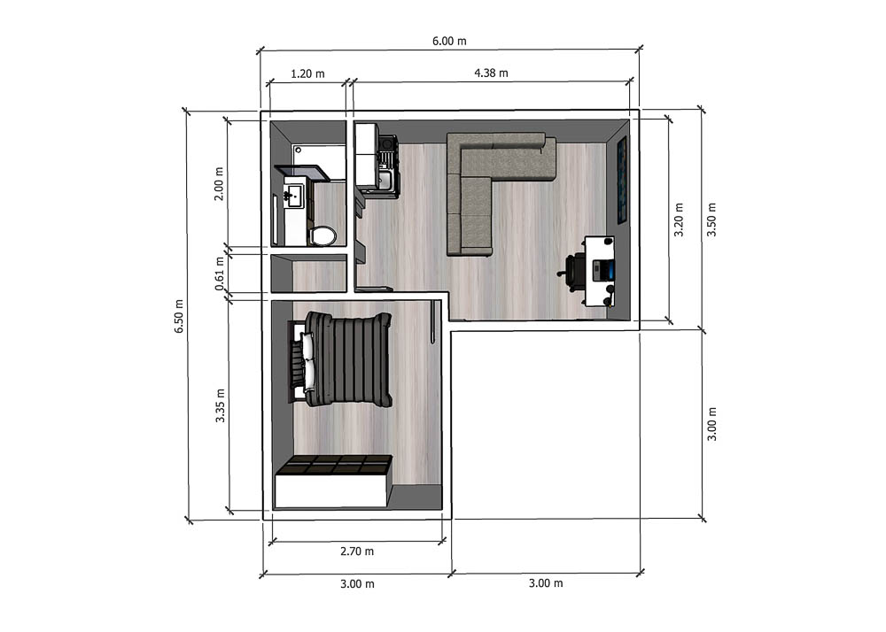 Example of a garden living annexe floor plan by Timber Rooms